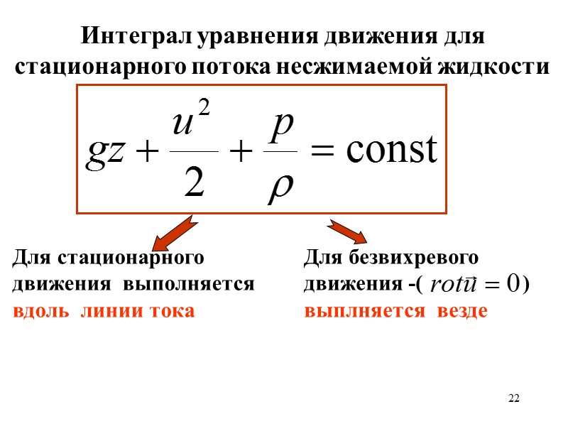 22 Интеграл уравнения движения для стационарного потока несжимаемой жидкости Для стационарного движения выполняется 22 Интеграл уравнения движения для стационарного потока несжимаемой жидкости Для стационарного движения выполняется